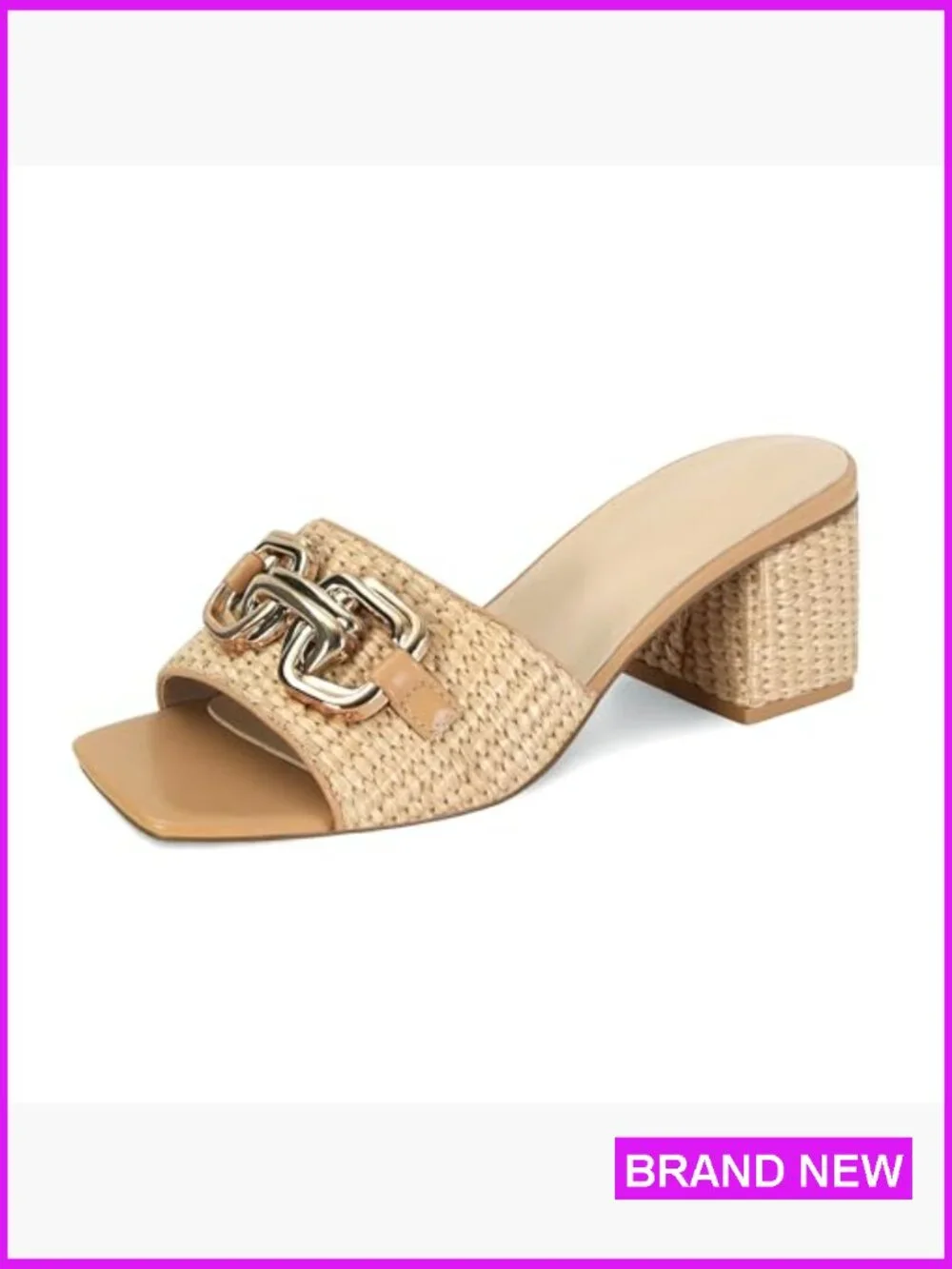 Raffia Square Toe Mules Chunky Block Heels Woven Summer Dressy Strappy Slide